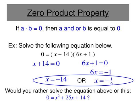 The zero product property says that if the product of two numbers is 0, then one of the numbers must be 0. In other words, if \(a\boldcdot b=0,\) then either \(a=0\) or \(b=0\). This property is handy when an equation we want to solve states that the product of two factors is 0.